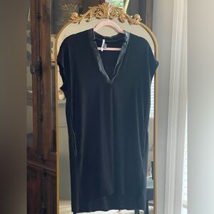 Vince Leather Trim Black Popover Mini Dress with Leather Trim Pockets